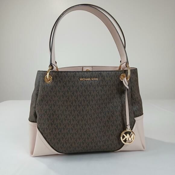 Michael Kors Handbag Nicole Large Logo Shoulder Bag Tote Brown Pink 35H9GNIE7B - Picture 1 of 16